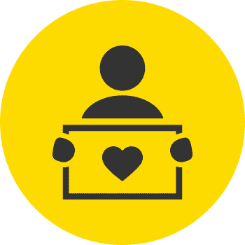 icon displaying person holding a chart folder with a heart on it, in front of themselves